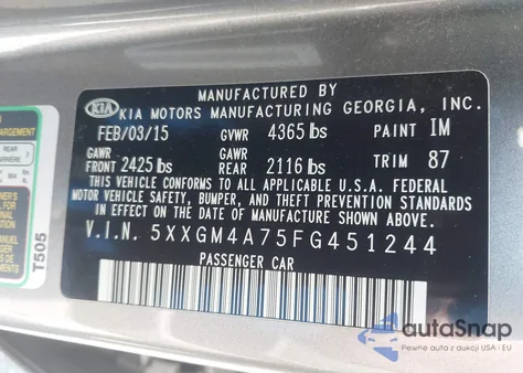 2015 Kia Optima Lx из США, поврежденный, VIN 5XXGM4A75FG451244